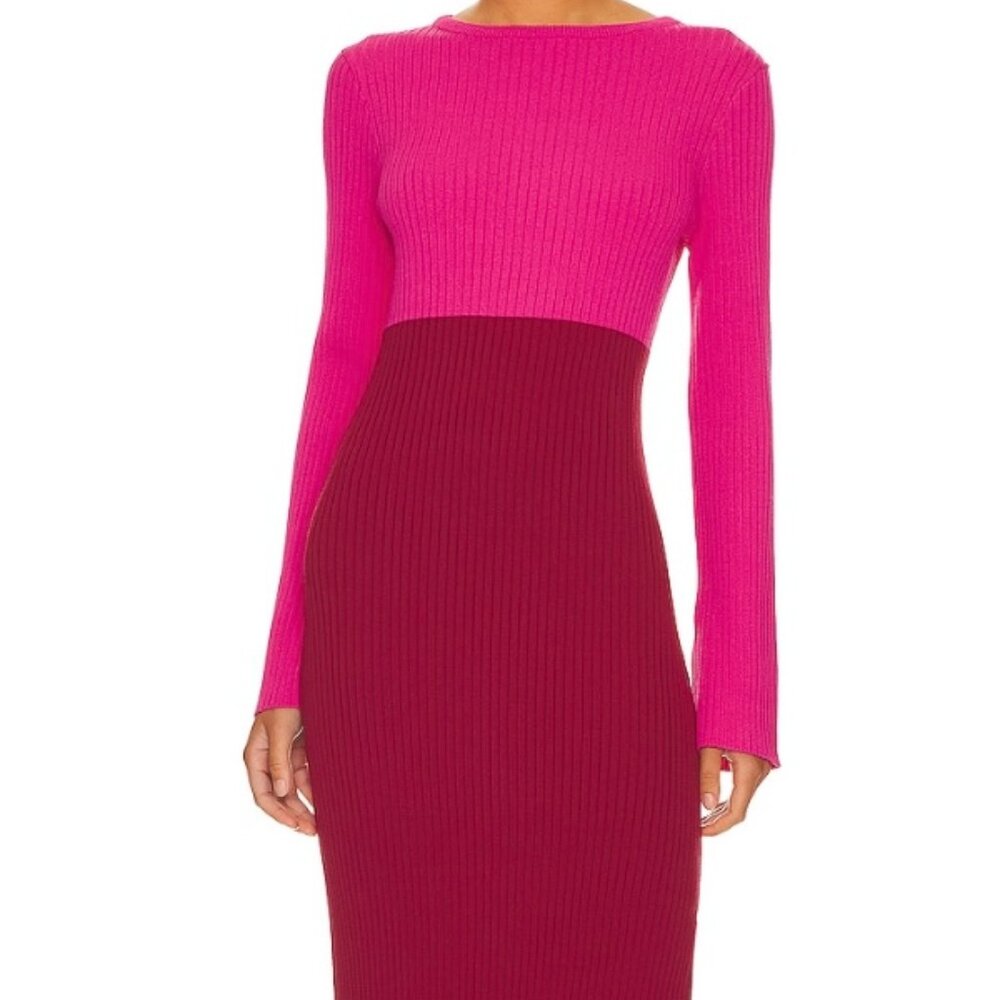 Line and Dot Maxi Dress, Size Medium, Pink and Burgundy